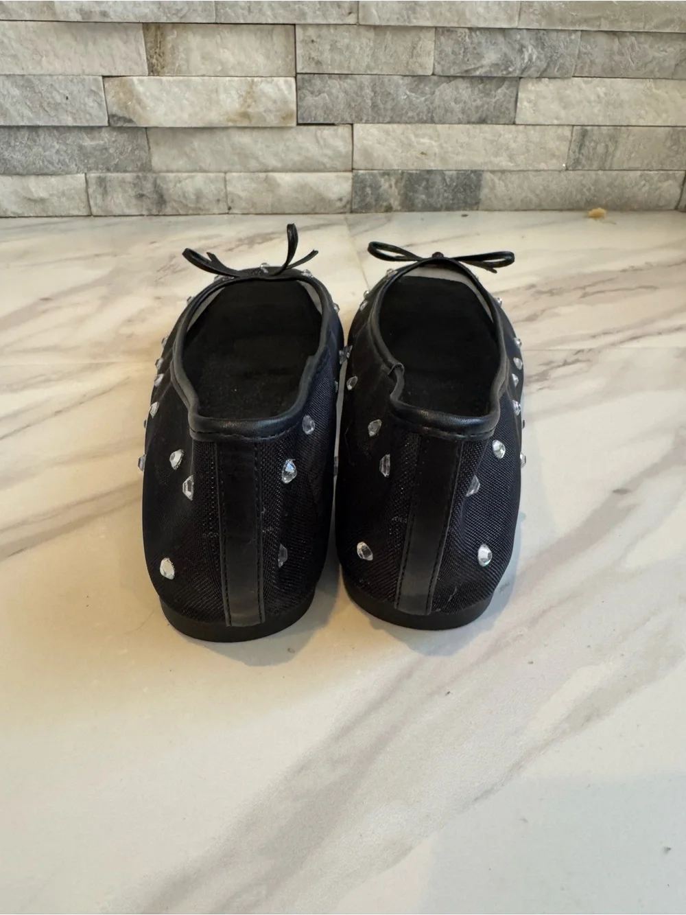 SO Black Mesh Ballet Flats with Bow and Rhinestone Studs